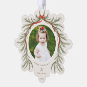 Waterverf Pine Garland Red Bow Foto Ornament Kaart (Links)