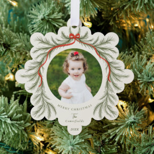 Waterverf Pine Garland Red Bow Foto Ornament Kaart