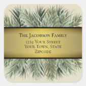 Waterverf Pine & Gold Ribbon Vakantieadres Vierkante Sticker (Voorkant)