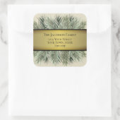 Waterverf Pine & Gold Ribbon Vakantieadres Vierkante Sticker (Tas)