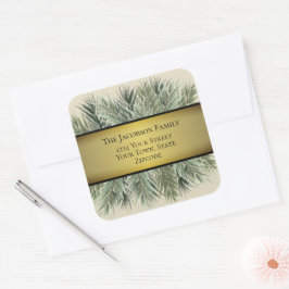 Waterverf Pine & Gold Ribbon Vakantieadres Vierkante Sticker
