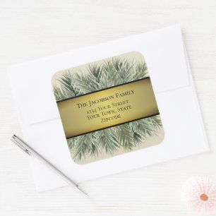 Waterverf Pine & Gold Ribbon Vakantieadres Vierkante Sticker
