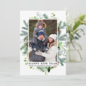 Waterverf Pine Greenery Happy Nieuwjaarsfoto Feestdagenkaart (Staand voorkant)