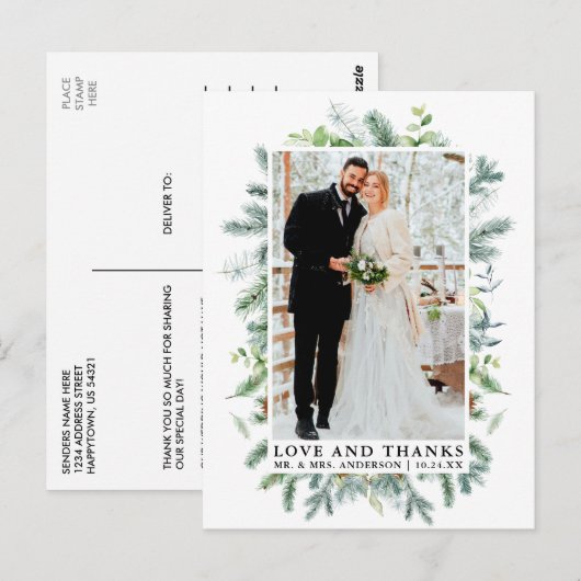 Waterverf Pine Greenery Love and Bedankt Wedding Briefkaart (Voorkant / Achterkant)