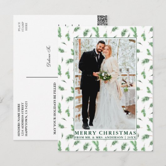 Waterverf Pine Greenery Pas getrouwd Kerstmis Briefkaart (Voorkant / Achterkant)