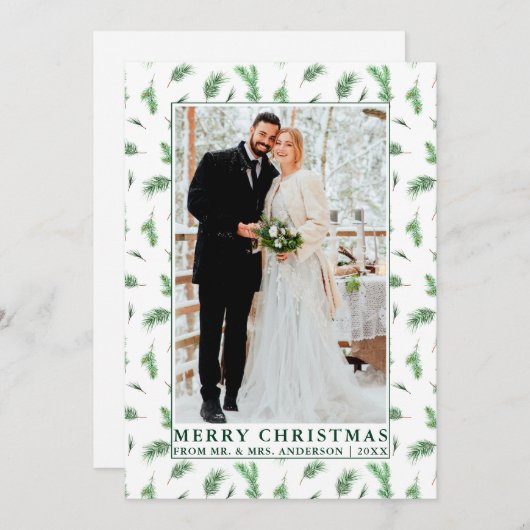 Waterverf Pine Greenery Pas getrouwd Kerstmis Feestdagenkaart (Voorkant / Achterkant)