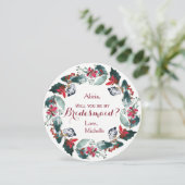 Waterverf Pine Groen Rood Pioen Krans Bruidsmeisje Kaart (Staand voorkant)