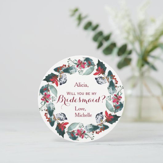 Waterverf Pine Groen Rood Pioen Krans Bruidsmeisje Kaart (Staand voorkant)