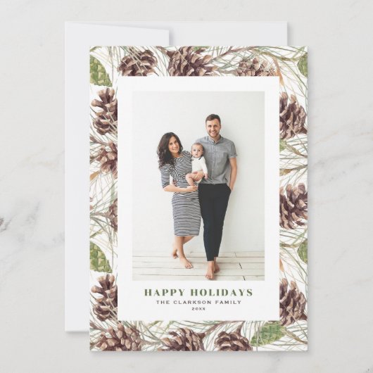  Waterverf Pine Kegels Foto Kerst Feestdagenkaart (Voorkant)