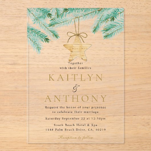 Waterverf Pine koopt kerstbruiloft Acryl Uitnodigingen (Voorkant)