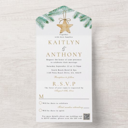 Waterverf Pine koopt kerstbruiloft All In One Uitnodiging (Binnen)