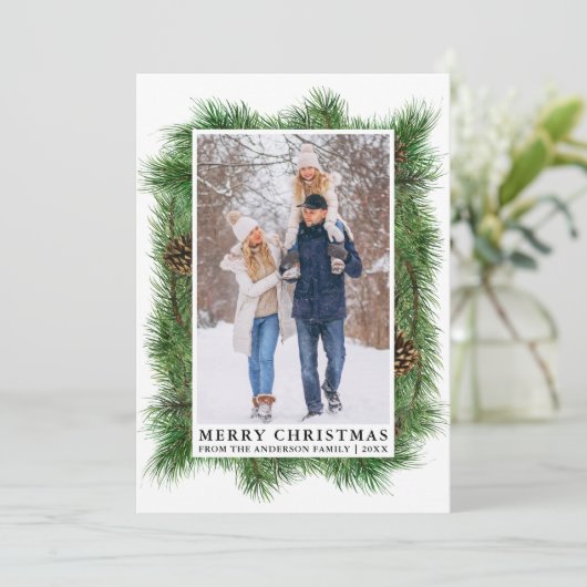 Waterverf Pine Lijst Familie Foto Feestdagenkaart (Staand voorkant)