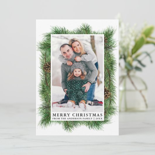 Waterverf Pine Lijst Familie Foto Groen Feestdagenkaart (Staand voorkant)