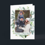 Waterverf Pine Lijst Groen Vrolijk Kerstfeest Feestdagen Kaart<br><div class="desc">Modern Elegant Waterverf Green Pine Lijst en Pine Cones Foto Vrolijk Kerstvakantie Gevouwen Kaart</div>