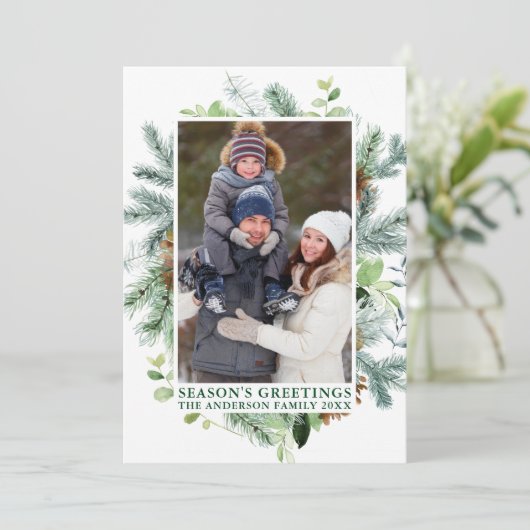 Waterverf Pine Lijst Groetings Green Feestdagenkaart (Staand voorkant)