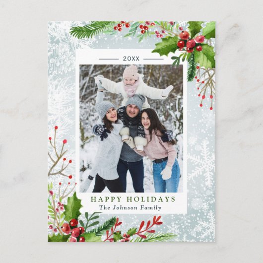 Waterverf Pine Mistletoe Kerstmis PHOTO Holiday Briefkaart (Voorkant)