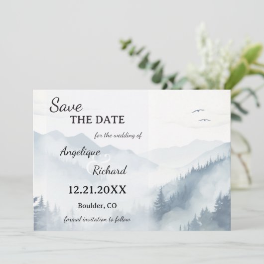Waterverf Pine Mountain Winter Save the Date Kaart (Staand voorkant)