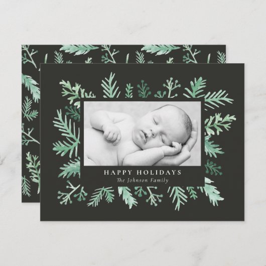 Waterverf Pine Needle Lijst Kerstmis Feestdagenkaart (Voorkant / Achterkant)