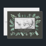 Waterverf Pine Needle Lijst Kerstmis Feestdagenkaart<br><div class="desc">Met een foto omgeven door een waterverf-naaldnaald en aanpasbare groet. De. rug kenmerkt een passend patroon en een extra foto.</div>