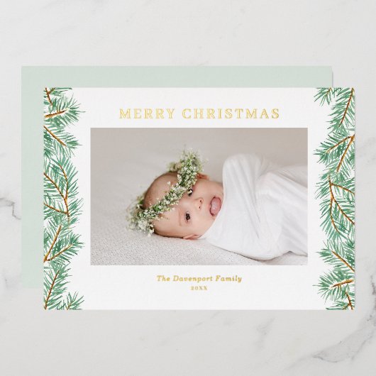 Waterverf Pine Needles Garland kerstfoto Folie Feestdagenkaart (Voorkant / Achterkant)