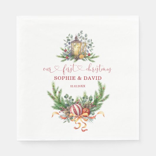 Waterverf Pine Onze 1e kerstbalkalligrafie Servet (Voorkant)
