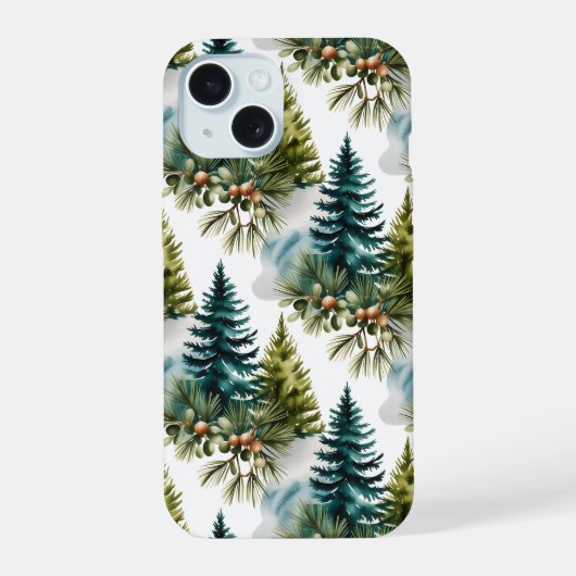 Waterverf Pine Pattern Elegant Winter iPhone 15 Case (Achterkant)
