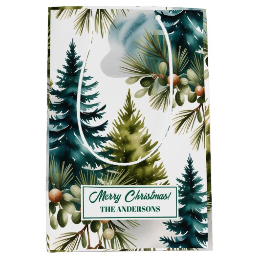 Waterverf Pine Pattern Elegant Winter Medium Cadeauzakje (Voorkant)