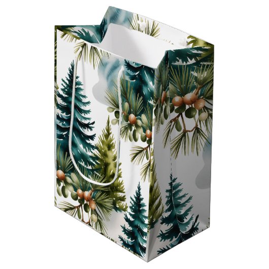 Waterverf Pine Pattern Elegant Winter Medium Cadeauzakje (Voorkant Gekanteld)