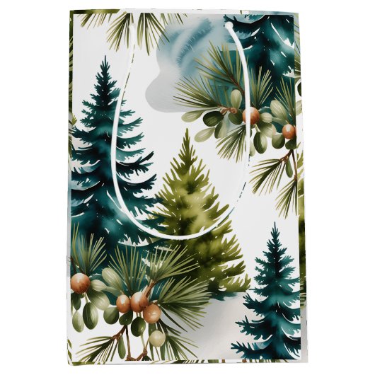 Waterverf Pine Pattern Elegant Winter Medium Cadeauzakje (Voorkant)