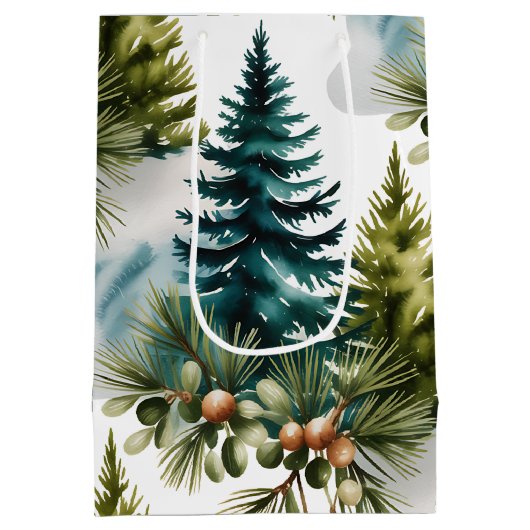 Waterverf Pine Pattern Elegant Winter Medium Cadeauzakje (Achterkant)
