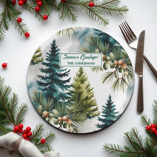 Waterverf Pine Pattern Elegant Winter Papieren Bordje