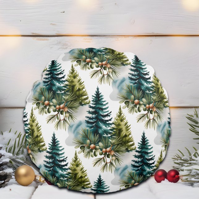 Waterverf Pine Pattern Elegant Winter Rond Kussen (Creator heeft geüpload)