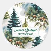 Waterverf Pine Pattern Elegant Winter Ronde Sticker (Voorkant)