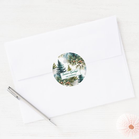 Waterverf Pine Pattern Elegant Winter Ronde Sticker (Envelop)