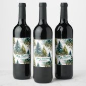 Waterverf Pine Pattern Elegant Winter Wijn Etiket (Flessen)