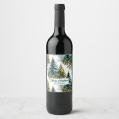 Waterverf Pine Pattern Elegant Winter Wijn Etiket (Voorkant)