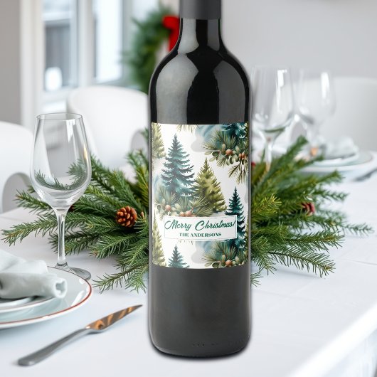 Waterverf Pine Pattern Elegant Winter Wijn Etiket