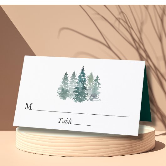 Waterverf Pine Spruce Trees Winter Snow Wedding Plaatskaartje