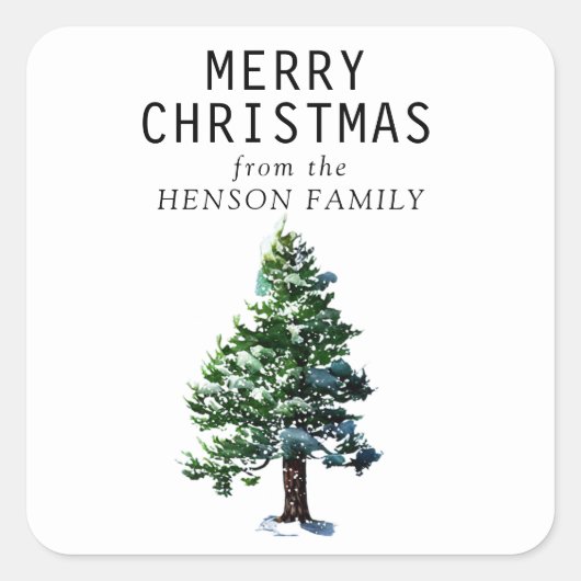 Waterverf Pine Tree Artistieke Kerst Vierkante Sticker (Voorkant)