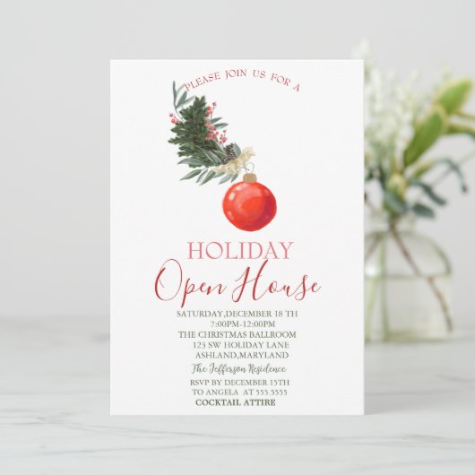 Waterverf Pine Tree Branch, Red Ball Open House Kaart (Staand voorkant)