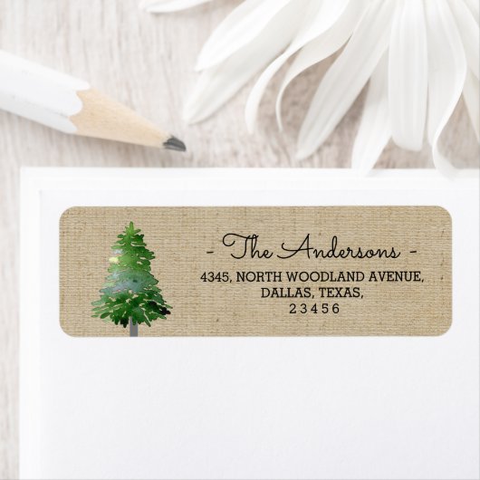 Waterverf Pine Tree Burlap Vakantie Adres Label (Insitu)