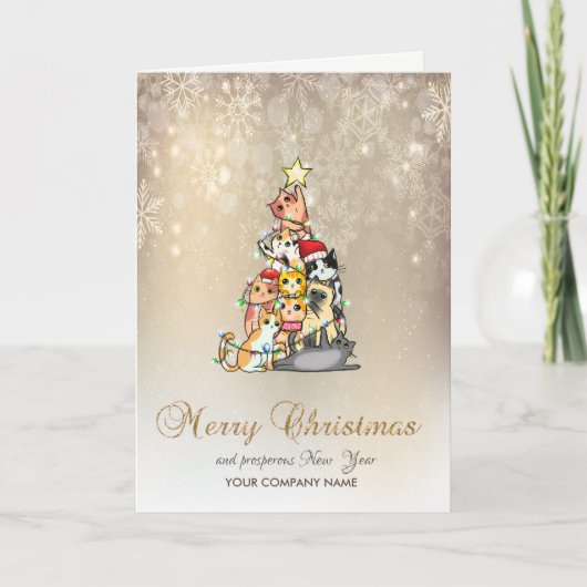 Waterverf Pine Tree Cats Snowflakes Holiday Card Feestdagen Kaart (Voorkant)