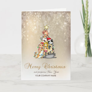 Waterverf Pine Tree Cats Snowflakes Holiday Card Feestdagen Kaart