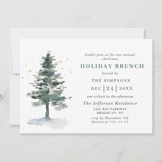 Waterverf Pine Tree Chic Kerstfeestdag BRUNCH Kaart (Voorkant)