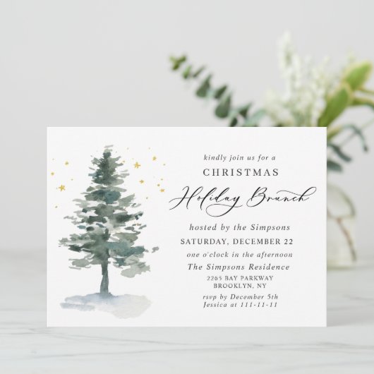 Waterverf Pine Tree Chic Kerstfeestdag BRUNCH Kaart (Staand voorkant)