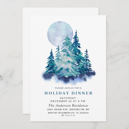 Waterverf Pine Tree Chic Kerstfeestdag DINNER Kaart (Voorkant / Achterkant)