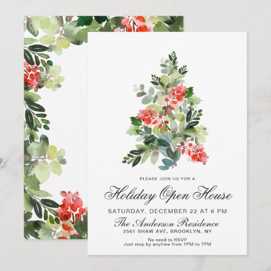 Waterverf Pine Tree CHRISTMAS HOLIDAY OPEN HOUSE Kaart (Voorkant / Achterkant)