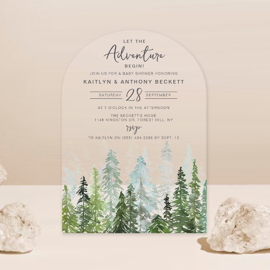 Waterverf Pine Tree Forest Baby shower Acryl Uitnodigingen
