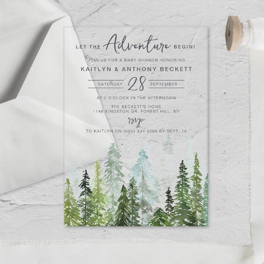Waterverf Pine Tree Forest Baby shower Acryl Uitnodigingen