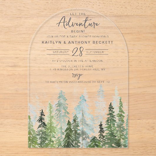 Waterverf Pine Tree Forest Baby shower Acryl Uitnodigingen (Voorkant)
